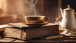 Stack of old books and coffee. Lifestyle concept. Old hardcover books. Educational concept.  AI generated image, ai