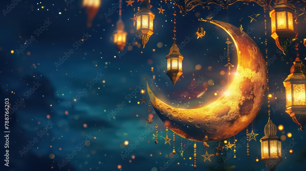 beautiful ramadan kareem background with golden crescent moon stars and ...