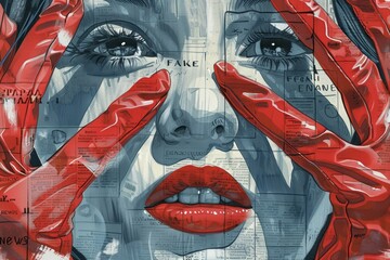 Wall Mural - A striking collage portrait woman, pieced together from newspaper snippets, splashes of red paint, conveys a strong message about media and identity. Fake Newspaper effect background halloween vibe.