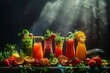 Variety of fruit and vegetable juices in glasses on dark background. Assortment of fresh fruit and berry juices in glasses on black background.