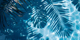 Fototapeta Natura - Tropical palm leaf with shadow on blue water surface in swimming pool. Summer vacation at the beach, recreation, tourism and sea travel concept. Beautiful abstract background with copy space.