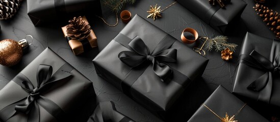 Wall Mural - Gift boxes arranged in black wrapping and ribbon on a black surface, representing a festive Christmas theme.