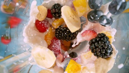 Wall Mural - Super Slow Motion of Mixing Fruit Pieces with Milk in Blender. Camera Moving up Focusing Crushing Fruit. Filmed on High Speed Cinema Camera, 1000 fps.