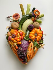 Canvas Print - A heart shaped arrangement of fruits and vegetables arranged in a circle. AI.