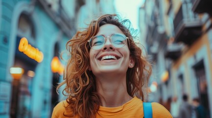 Wall Mural - a woman with glasses and a yellow shirt smiles in the street. ai.