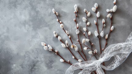 Canvas Print - A bouquet of flowers with lace on a gray background. AI.