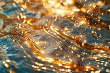 Wall Mural - A close up of a water surface with gold and blue lights. AI.