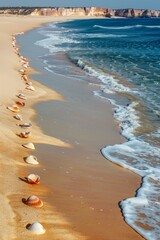 Sticker - A line of shells lined up on the beach next to a body of water. AI.