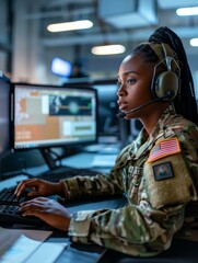 A woman in military uniform sitting at a computer with headphones on. Generative AI.