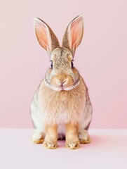 Sticker - A rabbit sitting on a pink background with its ears up. Generative AI.