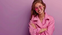 Photo Of Lovely Adorable Woman Wear Trendy Pink Clothes Hug You Invite Come Here Isolated On Purple Color Background