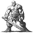 ogre warrior with sword full body images using Old engraving style