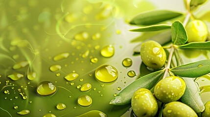 Wall Mural - Green fresh ripe olives with olive oil drops