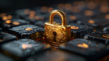 A Golden Padlock Sitting On Top Of A Keyboard,
Gold Keyboard Padlock Over The Enter Key On A Keyboard Close Up

