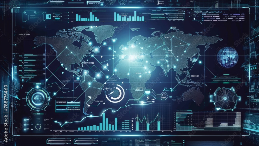 A digital interface displays various data visualizations, charts and ...