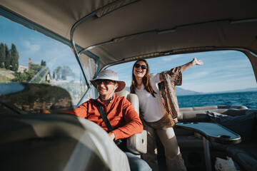 Poster - A group of friends experiencing the joy and relaxation of a boat trip on a serene lake, embracing a weekend of leisure and togetherness.