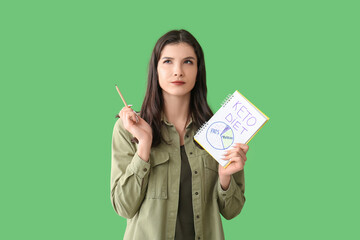 Wall Mural - Thoughtful young woman holding notebook with keto diet chart and pencil on green background