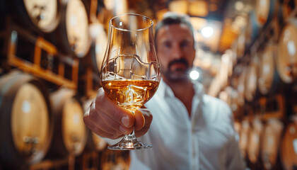 Whiskey connoisseur inspects a glass in a cellar surrounded by barrels, exuding sophistication and expertise. Captures the essence of whisky tasting, perfect for branding.