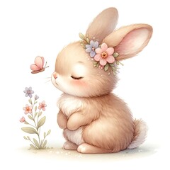 Seated bunny with floral crown and butterfly isolated on white background. Charming rabbit watercolor illustration. Springtime and Easter design for cards and invitations