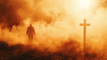 Wall Mural - Silhouette of a man in the desert with a cross in the smoke and dust under the sun