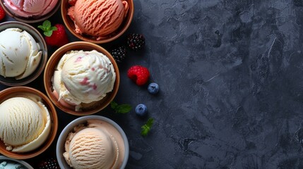 Wall Mural - bowls of various ice creams on dark gray table, top view 