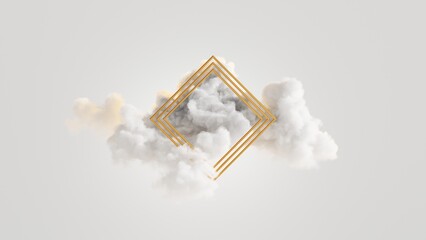 Wall Mural - 3d render. gold rhombus inside the fluffy cloud. blank square frame. isolated object, fashion backgr