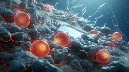 Wall Mural - 3d illustration of abstract background with red spheres. Medical, science and technology concept.