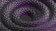 3d render image of a black snake skin helix, illuminated with pink neon side light. Wavy dragon scales texture