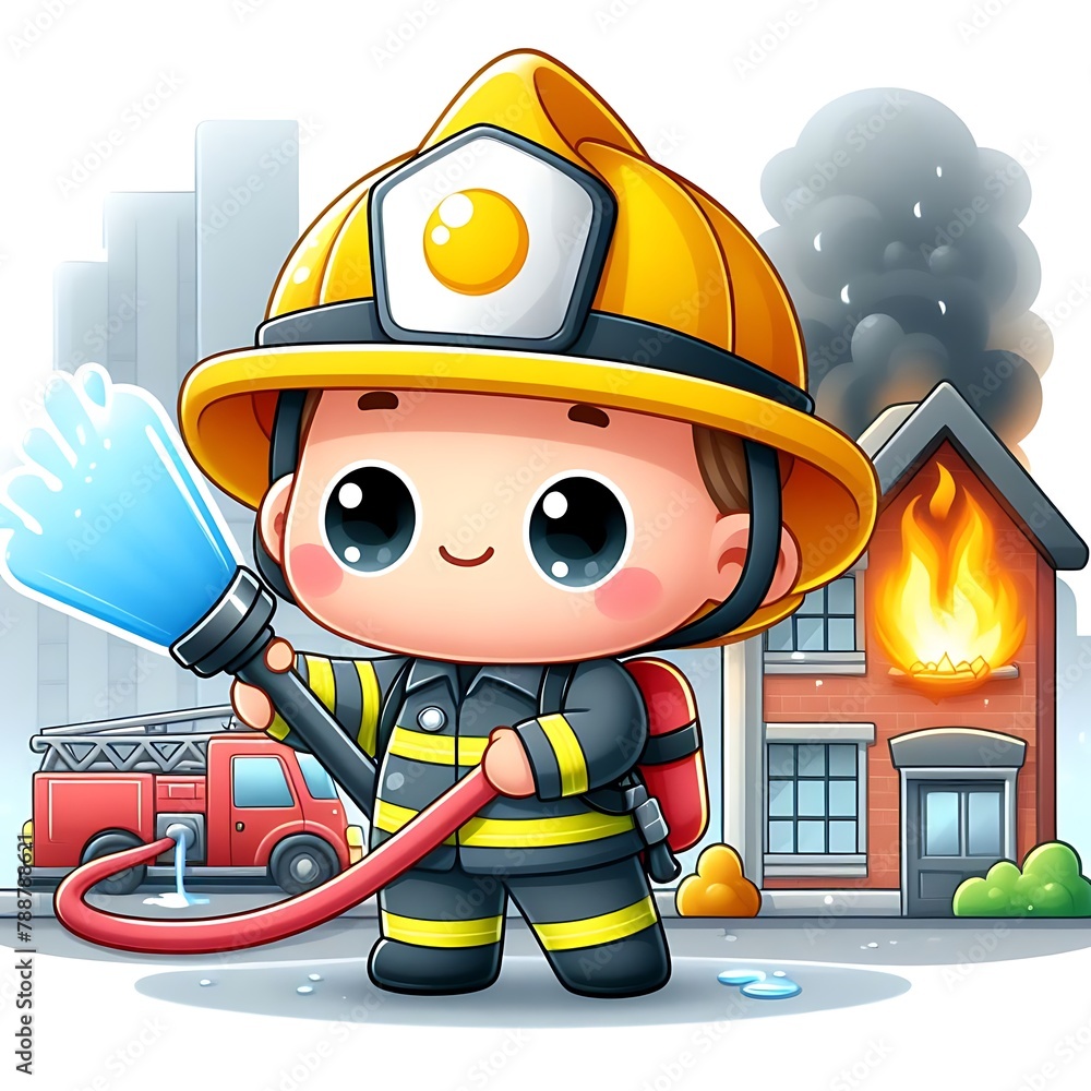 cute cartoon firefighter putting out house fire Stock Illustration ...