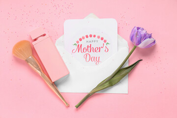 Canvas Print - Greeting card with text HAPPY MOTHER'S DAY, beautiful lilac tulip, makeup brush and bottle of perfume on pink background