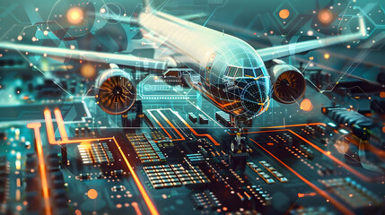 Wall Mural - concept of digital twins in aviation technology, graphic of a microchip with an airplane and futuris