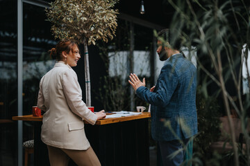 Wall Mural - Two business partners engage in a discussion at an informal outdoor meeting space, symbolizing teamwork and collaboration.