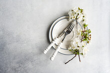 Spring Table Setting With Blossom And Vintage Cutlery