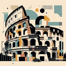 Coliseum, Rome Italy. Contemporary Style Minimalist Artwork Collage Illustration Created With Generative Ai