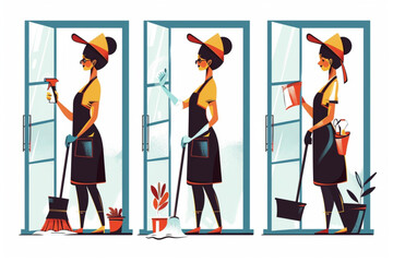 Wall Mural - Cleaning service. A woman cleaner in uniform washes the window with detergent. House or apartment cleaning 3D avatars set vector icon, white background, black colour icon