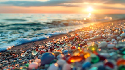 Sticker - Colorful beach pebbles at sunset, serene seascape scene. Shimmering sunlight on a pebbly coast. Perfect for calm backdrops and nature themes. AI