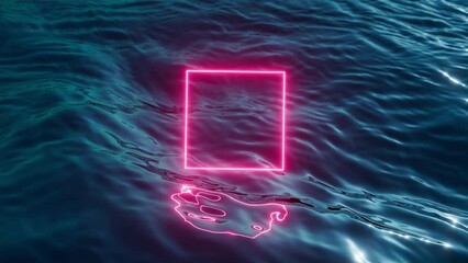 Wall Mural - looping 3d video. abstract animation of a pink neon square frame glowing over the dark blue ocean su