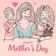 Mother's day pink background with children and woman illustration. Simple vector web banner. One continuous line drawing with lettering happy Mother's day created with generative ai	