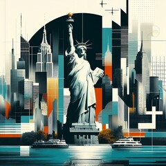 Statue of Liberty and New York, cityscape contemporary style minimalist artwork collage illustration for social media poster ads created with generative ai	