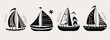 Collection of four sailboat silhouettes on a white background. Ship and marine boat black silhouette set. Small and large seagoing vessels. Vector line art illustration on white background