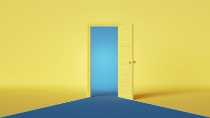 Wall Mural - 3d animation. Bright blue light behind the opening door inside the empty yellow room. Simple cartoon style. Modern minimal animated background. Opportunity metaphor