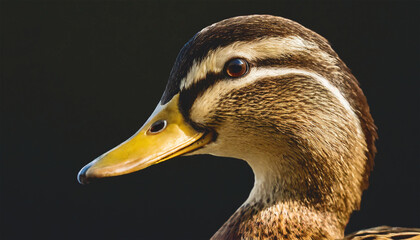 Head profile of a duck isolated on black background.