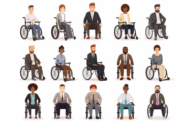 Wall Mural - Collection of business men of different ages and races on a white background. Active and young, a smiling guy in a wheelchair 3D avatars set vector icon, white background, black colour icon