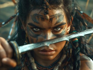 Wall Mural - A woman with a sword is holding it in her hand. She has a tribal look on her face and is wearing a lot of makeup