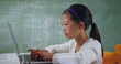 Asian granddaughter wearing white shirt, using a laptop