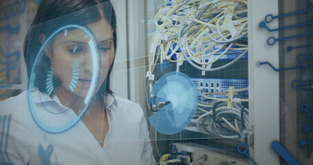 Wall Mural - Caucasian woman examining network equipment