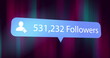 A graphic showing social media notification of gaining 531,232 followers