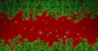 Pine branches hanging over red background with snowflakes