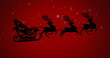 Santa Claus riding in sleigh pulled by reindeer, flying across red background