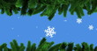 Pine branches are framing top and bottom, snowflakes falling against blue sky